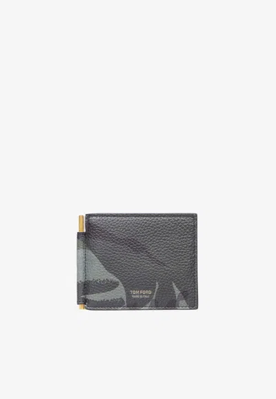 Tom Ford Logo Bi-fold Leather Wallet In Green