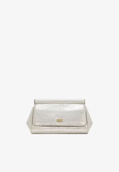 Dolce & Gabbana Sicily Metallic Leather Clutch In Silver