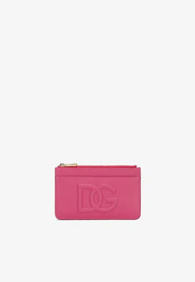 Dolce & Gabbana Medium Dg Logo Zip Cardholder In Calf Leather In Purple