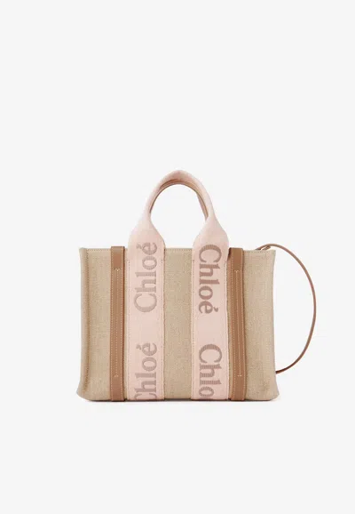 Chloé Small Woody Beige Tote Bag With Logo Detail In Linen Woman In Beige