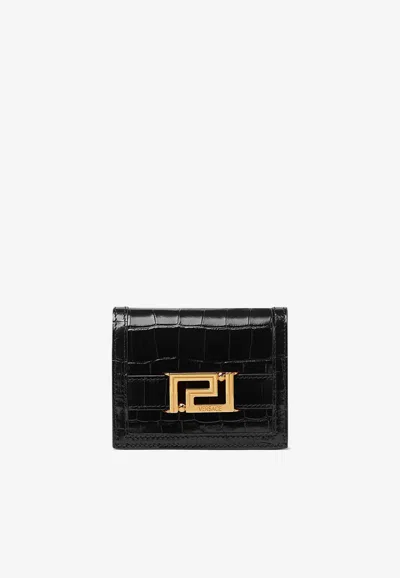 Versace Greca Goddess Cardholder In Croc-embossed Leather In Black