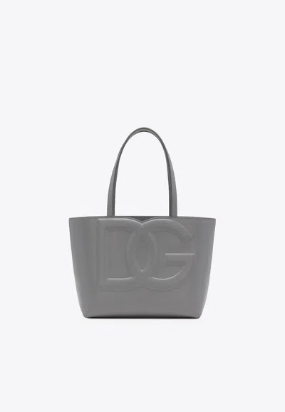 Dolce & Gabbana Small Dg Logo Tote Bag In Calf Leather In Gray