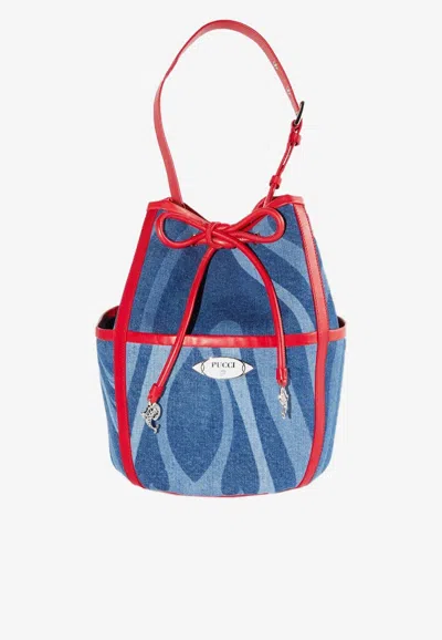 Pucci Logo-plaque Denim Bucket Bag In Blue
