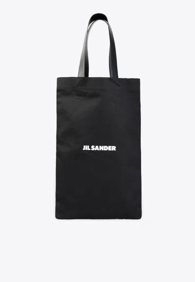 Jil Sander Black Tote Bag With Logo Print In Canvas Woman In Black