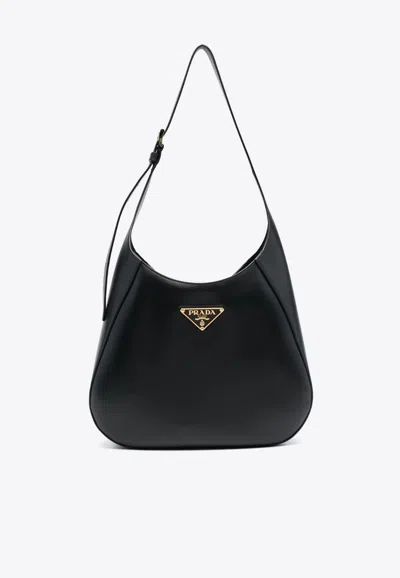 Prada Triangle-logo Leather Shoulder Bag In Black