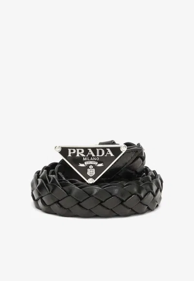 Prada Triangle Logo Braided Leather Belt In Black