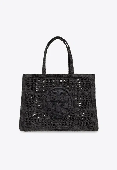 Tory Burch Ella Logo Embroidered Crochet Tote Bag In Black