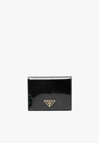 Prada Triangle Logo Patent Leather Wallet In Black