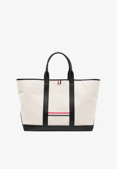 Thom Browne Medium Rwb Stripe Canvas Tote Bag In Black