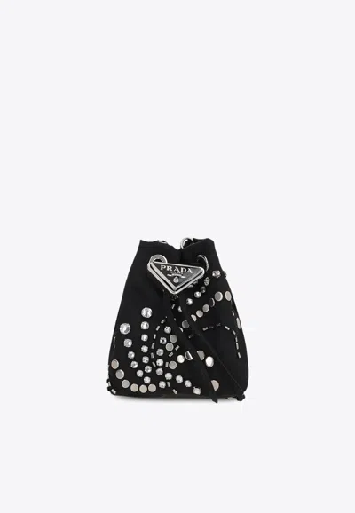 Prada Logo Plaque Studded Bucket Bag In Black
