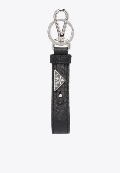 Prada Logo Plaque Leather Keychain In Black