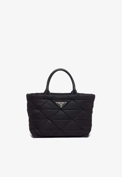 Prada Small Re-nylon Logo Plaque Top Handle Bag In Black
