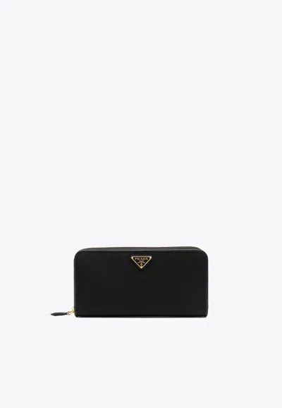 Prada Large Logo Lettering Zip-around Wallet In Black