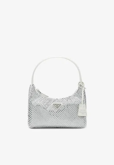 Prada Crystal Embellished Re-edition Shoulder Bag In White