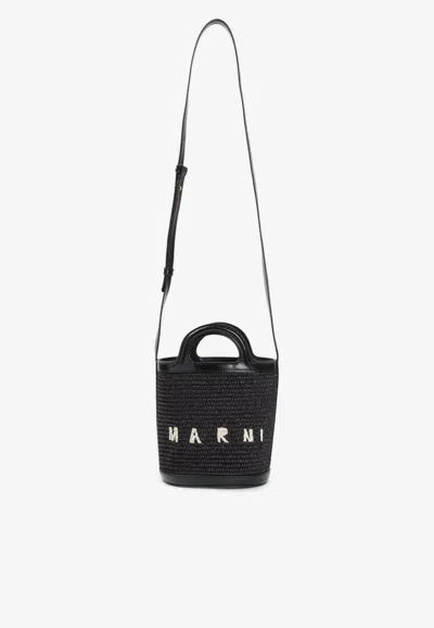 Marni Black Leather And Raffia Tropicalia Bucket Bag In Black