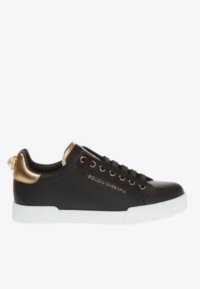 Dolce & Gabbana Embellished Leather Sneakers In Black
