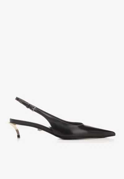 Versace Pin Point Leather Kitten-heel Pumps In Black