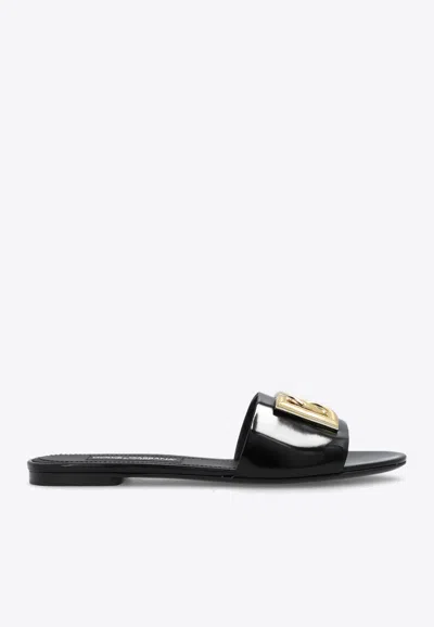 Dolce & Gabbana Logo-plaque Leather Slides In Black