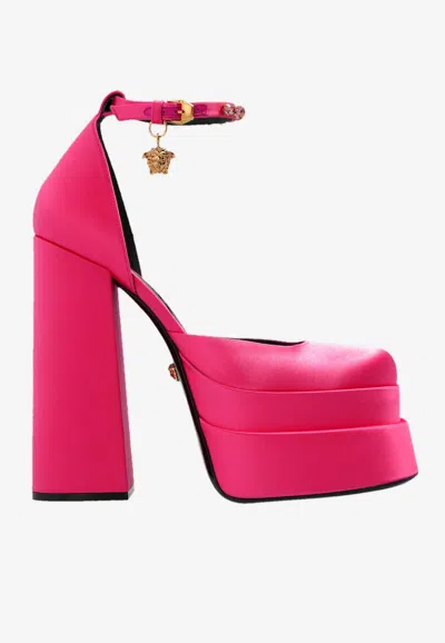 Versace Medusa Head Charm Satin Platform Pumps In Pink