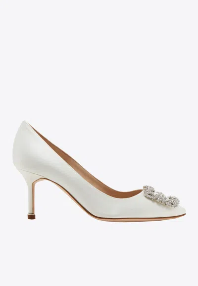 Manolo Blahnik Hangisi 70 Clc Crystal Buckle Satin Pumps In Cream