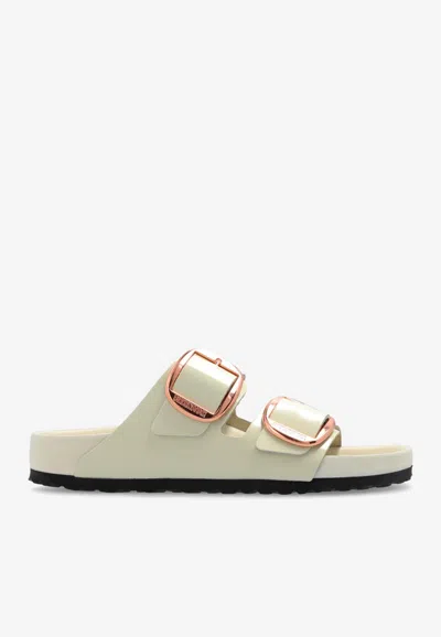 Birkenstock Arizona Big Buckle Patent Leather Slides In Ecru