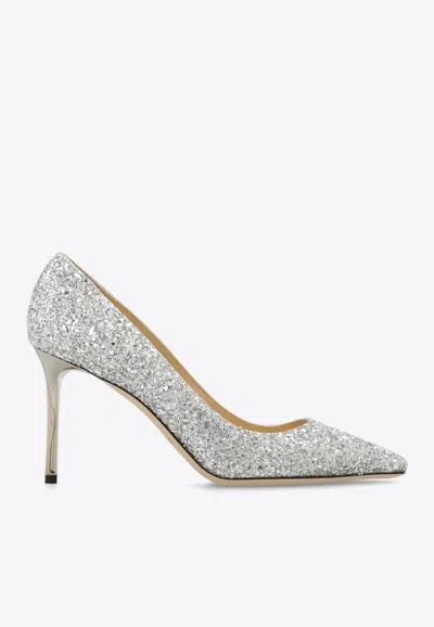 Jimmy Choo Romy 85 Glittered Pumps In Silver
