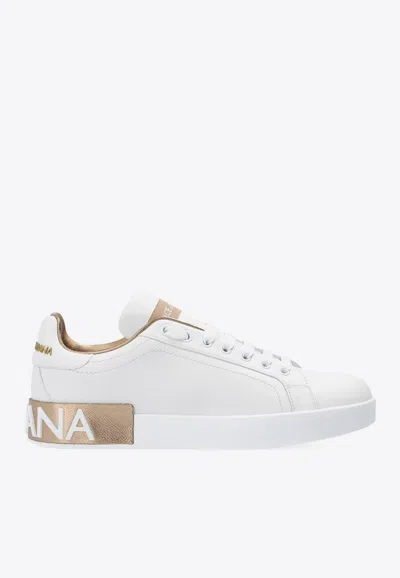 Dolce & Gabbana Portofino White And Gold Low Top Sneakers With Logo In Leather Woman In White