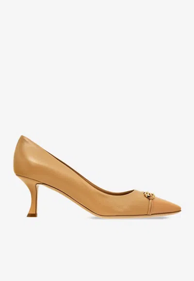 Ferragamo Bria Embellished Patent-leather Trimmed Smooth Leather Pumps In Camel