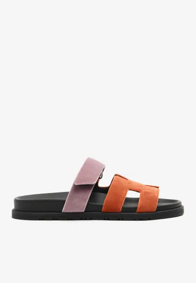 Pre-owned Hermes Chypre Sandals In Orange Canyon And Bruyere Velvet