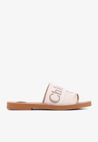 Chloé Beige Linen Woody Slippers In Beige