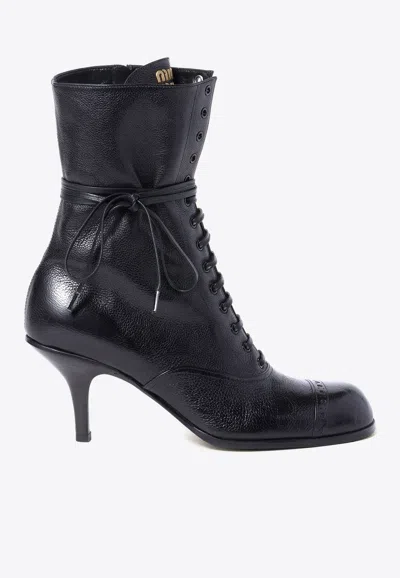 Miu Miu Laced-up Leather Stiletto Boots In Black