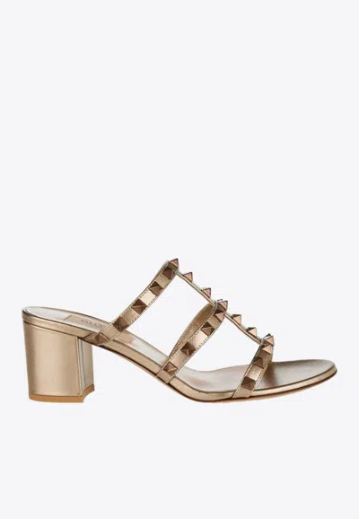 Valentino 60 Rockstud Leather Mules In Metallic