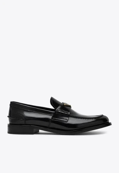 Prada Leather Loafers With Decorative Buckle And Round Toe In Black