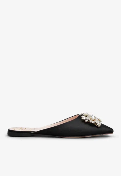 Roger Vivier Bouquet Strass Pearl Buckle Flat Mules In Black