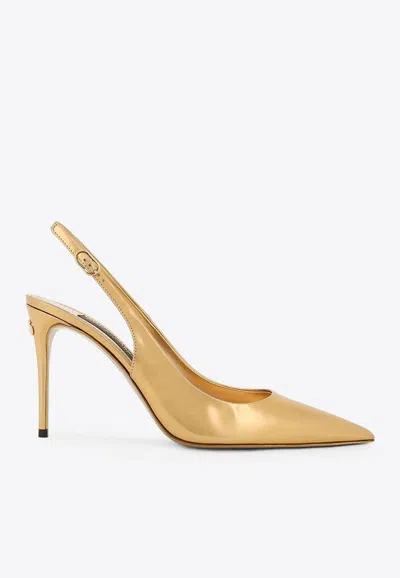 Dolce & Gabbana 90mm Lollo Laminated Leather Slingbacks In Gold