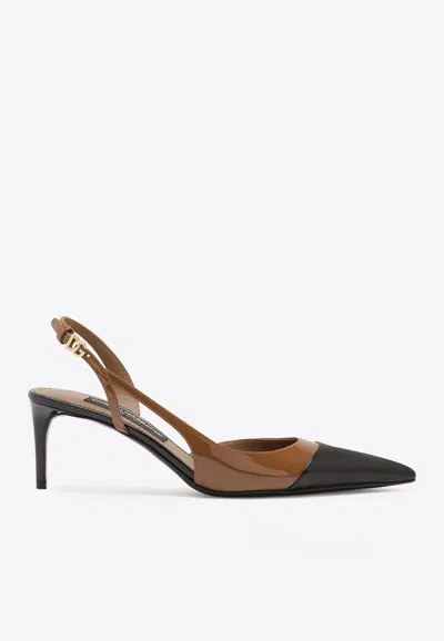 Dolce & Gabbana 60 Mm Heel Lollo Last Sling Back In Patent Leather Enriched With Toe In Contrast In Brown