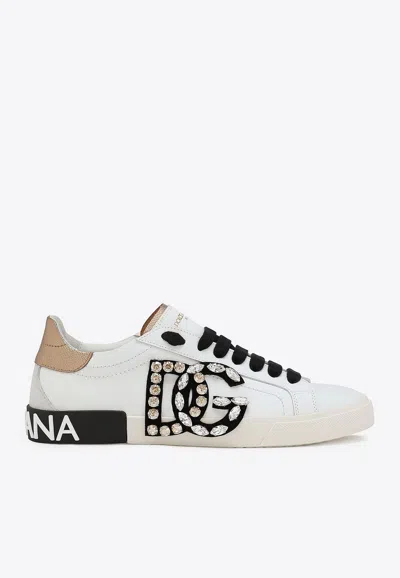 Dolce & Gabbana Portofino Vintage Leather Sneakers With Rhinestone Dg In White