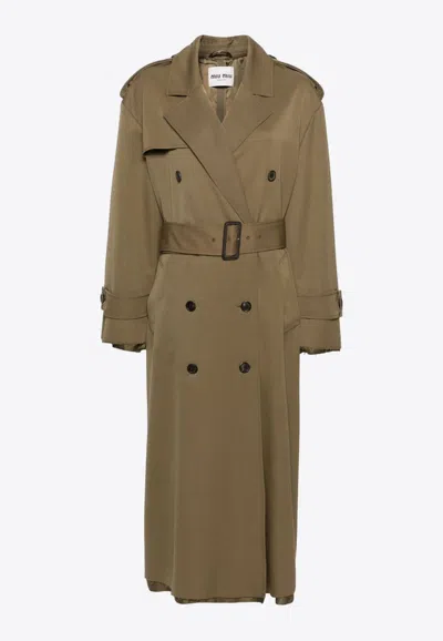 Miu Miu Raw-cut Maxi Trench Coat In Green