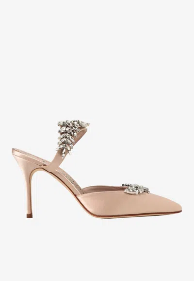 Manolo Blahnik Lurum 90 Crystal-embellished Mules In Satin In Nude
