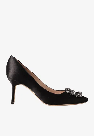 Manolo Blahnik Hangisi 90 Satin Pumps With Fmc Crystal Buckle In Black
