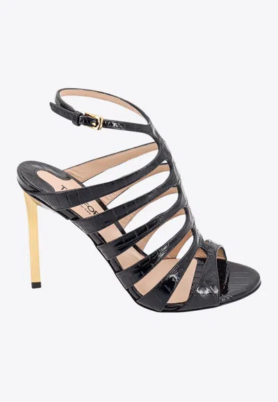 Tom Ford Carine Croc-effect Patent-leather Sandals In Black