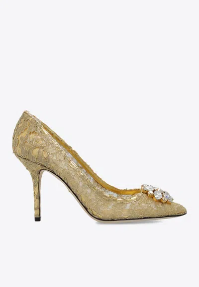 Dolce & Gabbana Lurex Lace Rainbow Pumps With Brooch Detailing In Gold
