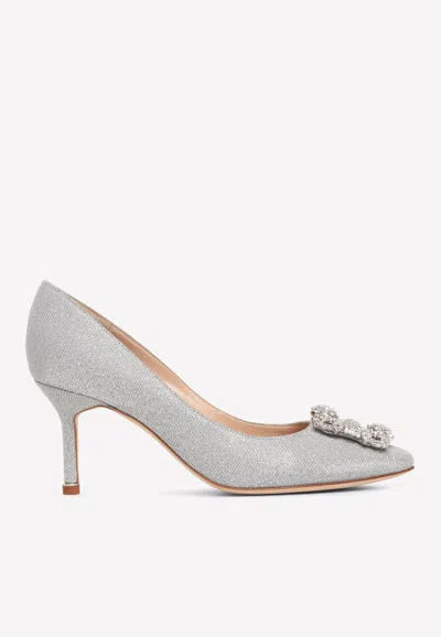 Manolo Blahnik Hangisi 70 Glitter Crystal Buckle Pumps In Silver