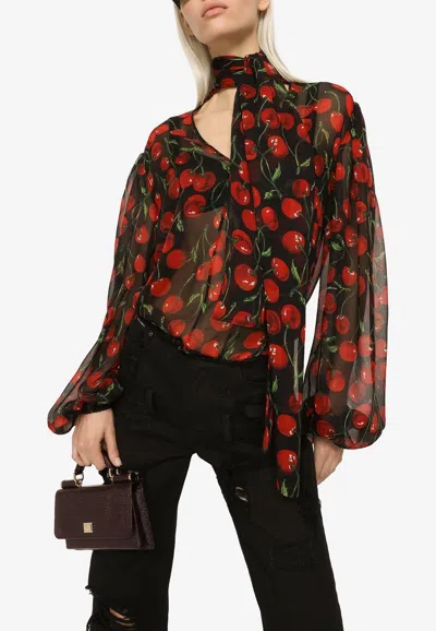 Dolce & Gabbana Cherry Chiffon Blouse With With Tie Neck In Multicolor