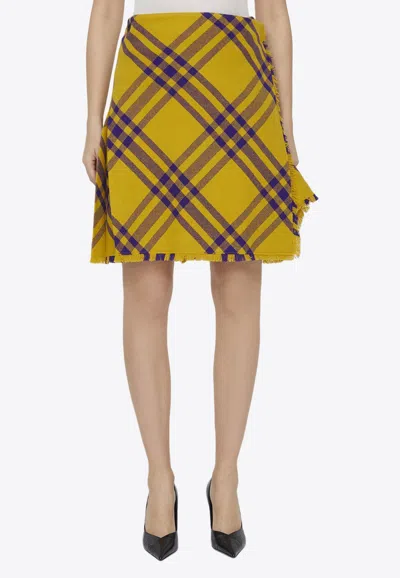Burberry Check Fringed-edge Kilt Wrap Skirt In Yellow