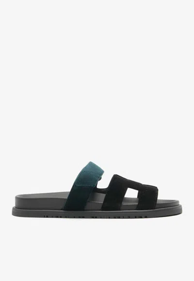 Pre-owned Hermes Chypre Sandals In Black And Vert Mousse Velvet