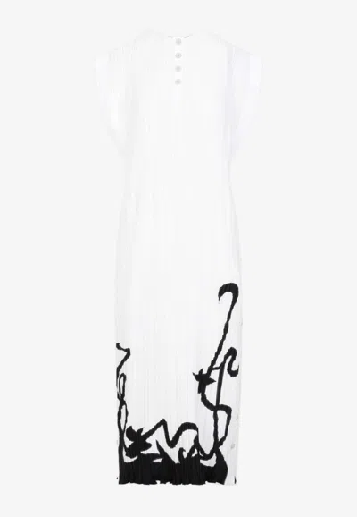 Lanvin Sleeveless Pleated Midi Dress With Abstract Pattern In White