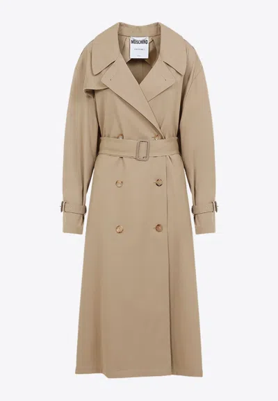 Moschino Cotton Blend Gabardine Long Trench Coat In Beige
