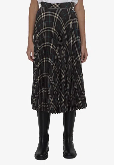 Burberry Long Multicolor Pleated Skirt With Check Motif In Wool Blend Woman In Black