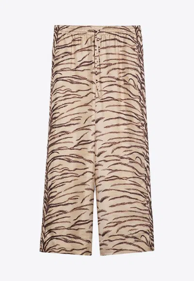 Stella Mccartney Tiger Print Wide-leg Silk Pants In Beige
